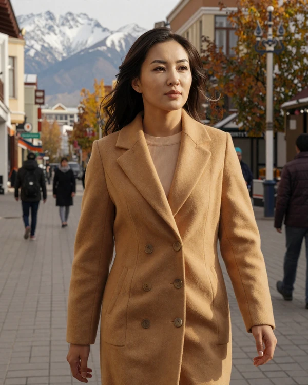 Kazakh woman walking along Almaty street with Tien Shan mountains in background - explore Kazakh dating culture on our platform