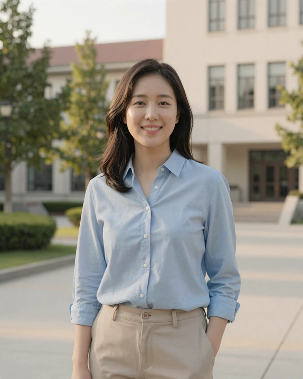 Korean woman standing confidently on a university campus - North Korean diaspora women building new lives and seeking love through overseas dating sites
