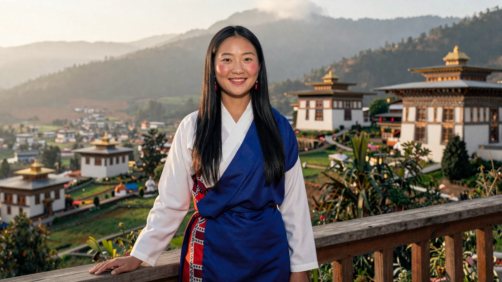 Beautiful Bhutanese woman in traditional kira dress smiling against Himalayan mountain backdrop - meet Bhutanese singles online