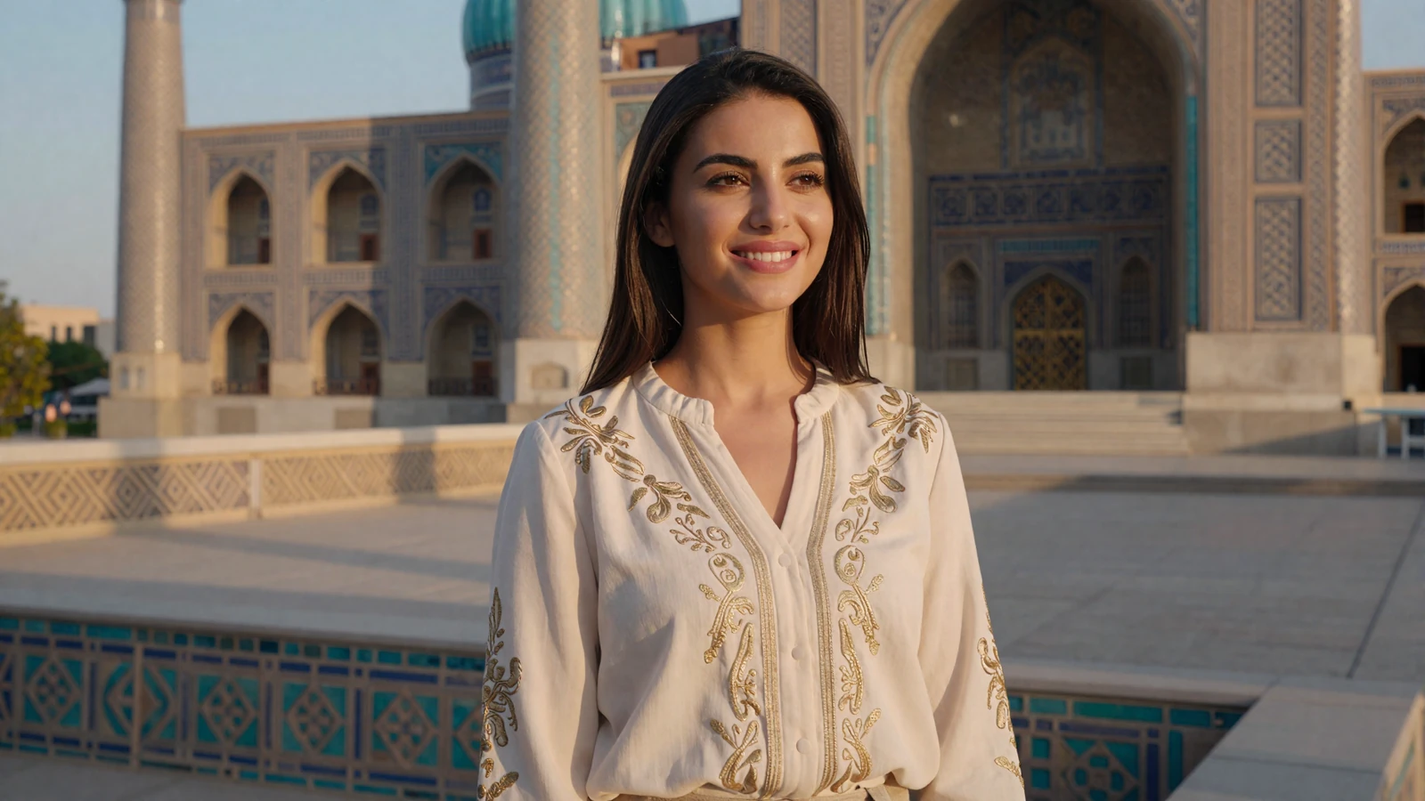 Beautiful Uzbek woman in elegant cream blouse smiling on a sunlit terrace with Silk Road architecture - meet Uzbek women for serious dating online
