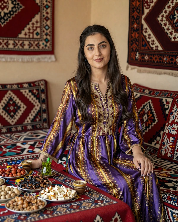 Tajik woman in traditional atlas silk dress serving tea at a dastarkhan - explore Tajik dating culture and hospitality traditions