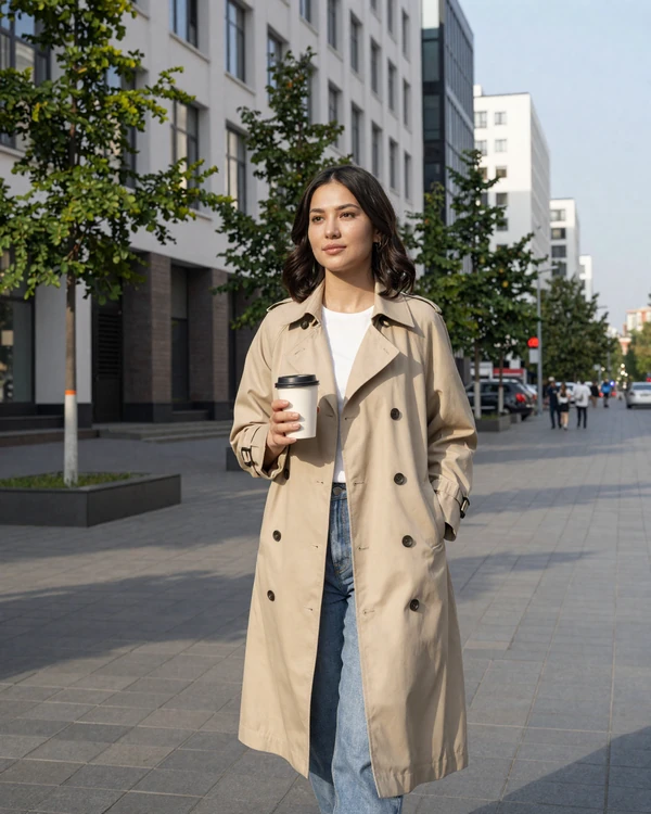 Modern Uzbek woman walking through contemporary Tashkent with coffee - discover modern dating culture in Uzbekistan