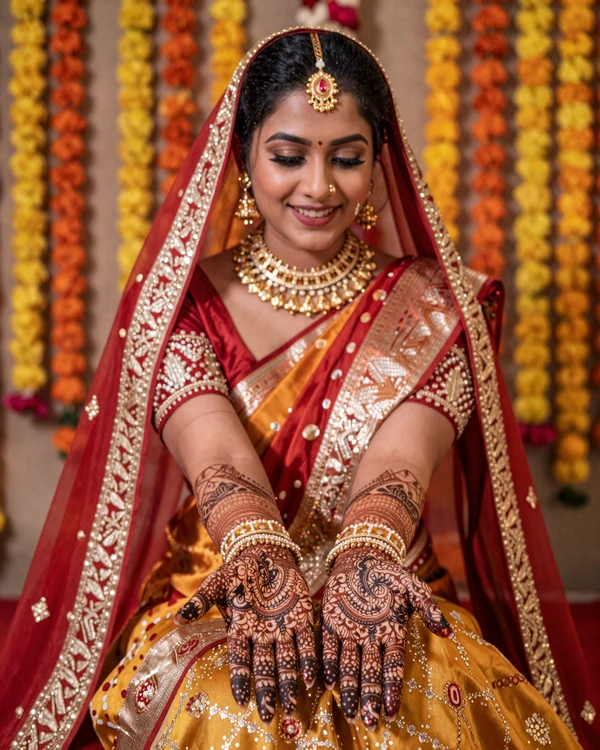 South Asian bride with mehndi henna on hands and red gold sari - Indian wedding traditions