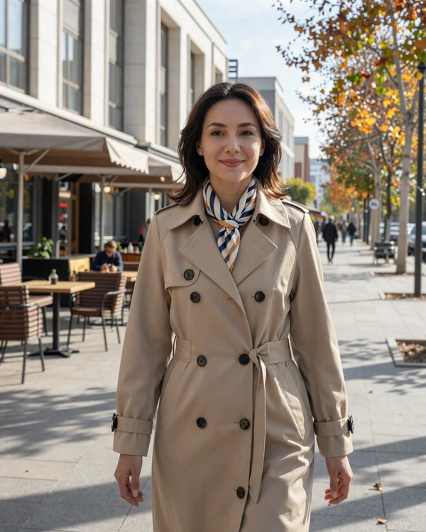 Modern Kyrgyz woman walking on a tree-lined Bishkek boulevard with cafes - discover urban Kyrgyz dating culture