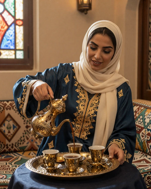 Yemeni woman in traditional embroidered dress serving qahwa coffee in a room with stained glass qamaria windows - explore Yemeni dating culture on our platform