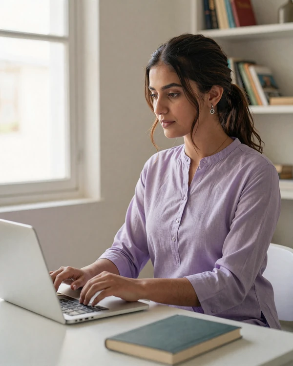 Pakistani woman working on laptop at home desk - online dating in Pakistan is growing rapidly among educated women