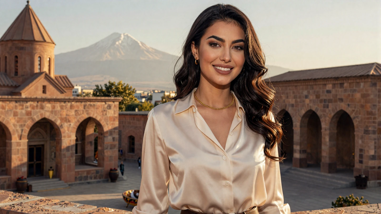 Beautiful Armenian woman in elegant cream blouse smiling warmly in a sunlit courtyard with Mount Ararat visible in the background - meet Armenian women for serious dating