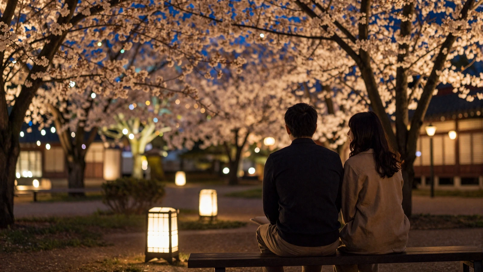 Couple sharing an intimate conversation in a lantern-lit Asian garden - emotional intelligence in dating