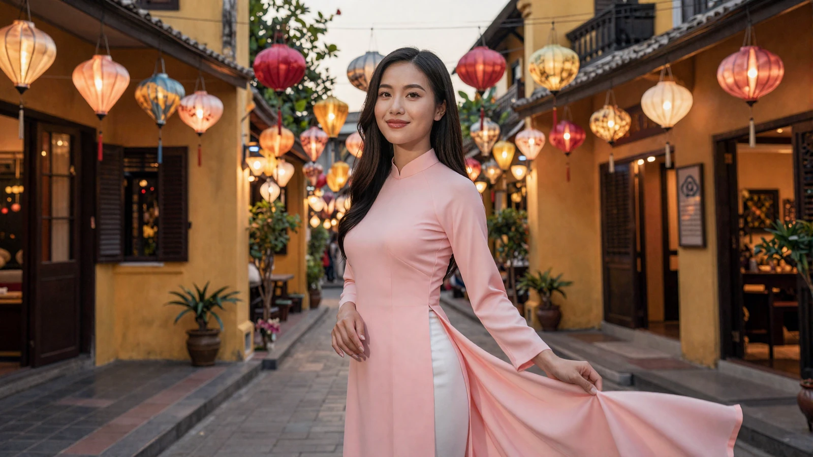 Beautiful Vietnamese woman in traditional ao dai dress on a lantern-lit Hoi An street - meet Vietnamese singles online for serious relationships