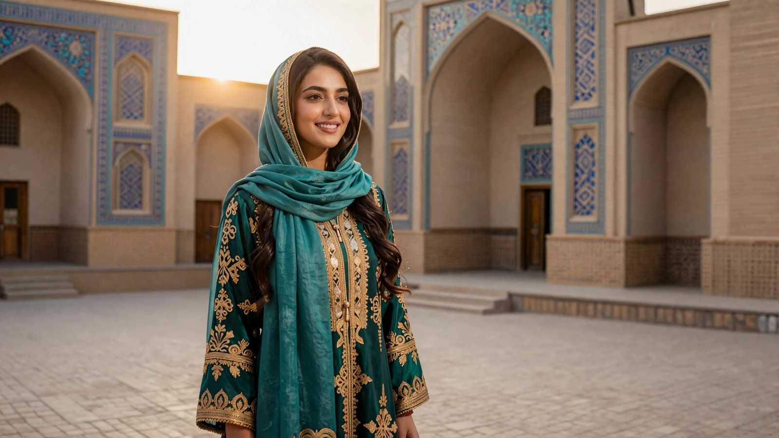 Beautiful Afghan woman in elegant embroidered green dress smiling warmly in a sunlit courtyard - meet Afghan women for serious dating online
