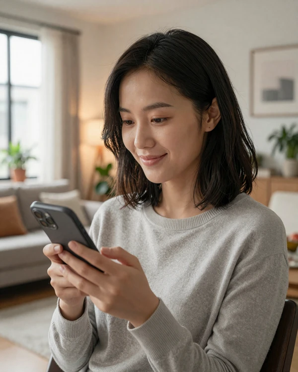 Taiwanese woman smiling while using a smartphone in her modern Taipei apartment - online dating in Taiwan is accessible and popular