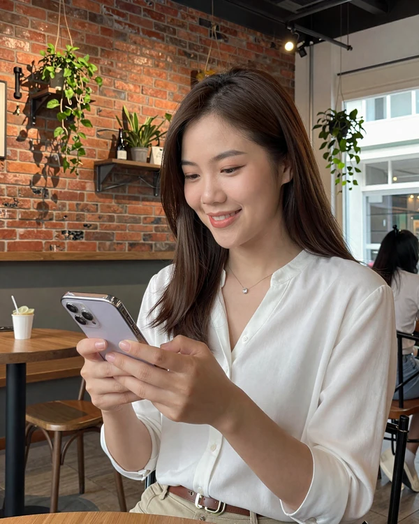 Malaysian woman using smartphone in a modern Kuala Lumpur cafe - online dating trends in Malaysia and how to connect with Malaysian singles
