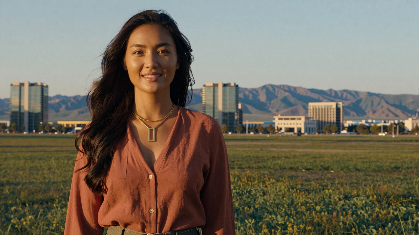 Beautiful Mongolian woman in stylish terracotta blouse smiling warmly against panoramic Ulaanbaatar skyline and green steppe - meet Mongolian women for serious dating