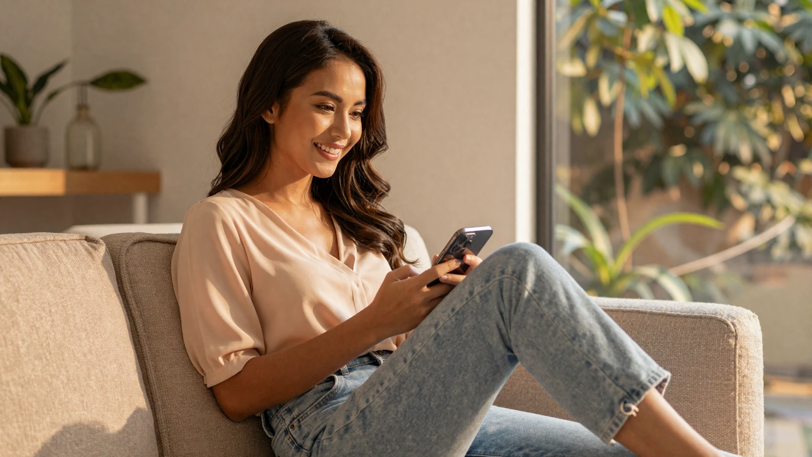 Beautiful Asian woman smiling while using dating app on smartphone - see how easy it is to find love on Asian Women Dating
