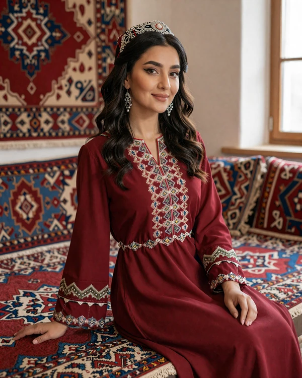 Turkmen woman in traditional red embroidered dress seated beside a hand-woven carpet - explore Turkmen dating culture and tribal heritage on our platform