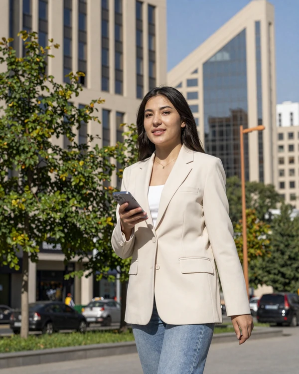Modern Tajik woman walking along Rudaki Avenue in Dushanbe - meet educated Tajik singles through our online dating platform