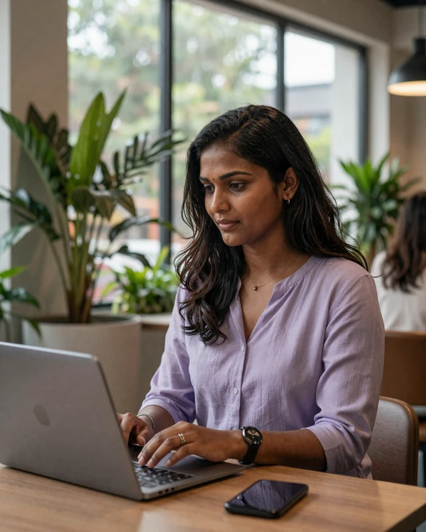 Sri Lankan woman using a laptop in a modern Colombo workspace - online dating in Sri Lanka is growing rapidly among educated women