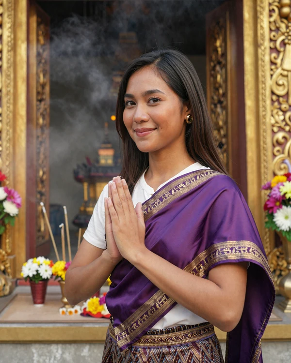Thai woman performing traditional wai greeting near a golden temple - explore Thai dating culture and Buddhist traditions on our platform