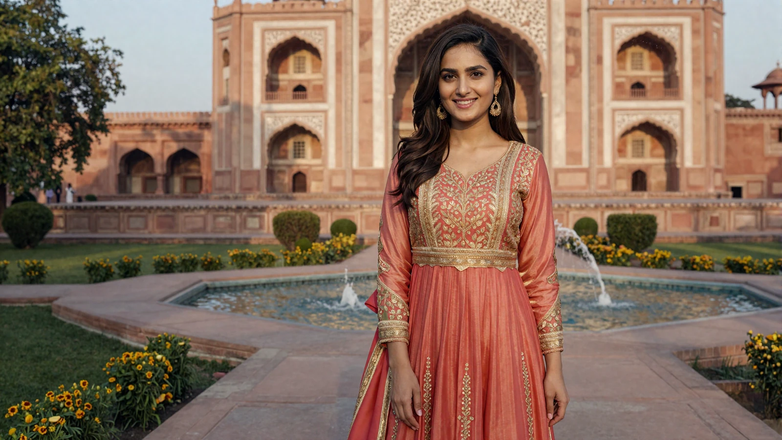 Beautiful Indian woman in elegant coral anarkali suit smiling in a Mughal garden at golden hour - meet Indian singles online for serious relationships