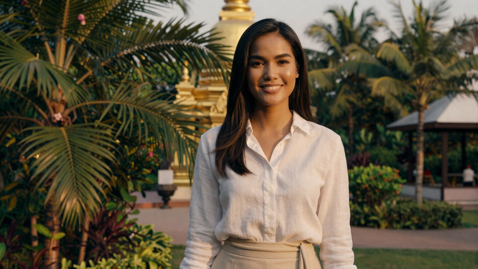 Beautiful Thai woman smiling warmly near a golden Buddhist temple in Bangkok - meet Thai singles for serious relationships online