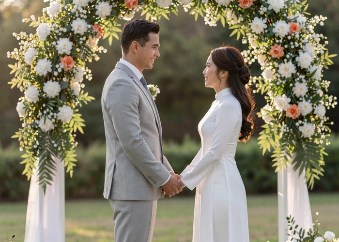 James and Anh wedding day - featured success story from Asian Women Dating showing real couple at garden ceremony