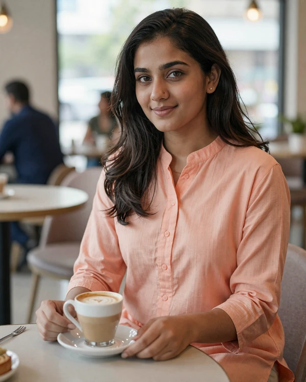 Pakistani woman enjoying coffee at a modern cafe in Lahore - discover Pakistani dating culture on our platform