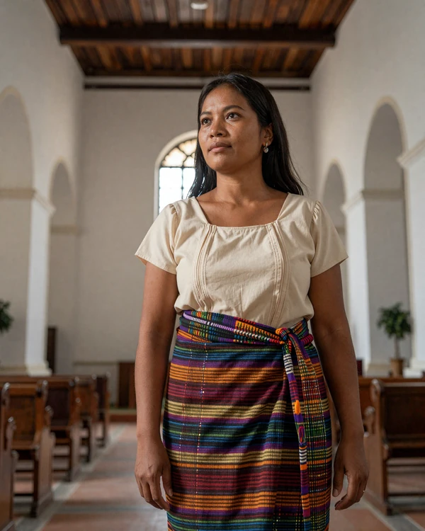 Timorese woman in traditional tais cloth standing in a Portuguese colonial church in Dili - explore East Timorese Catholic dating culture