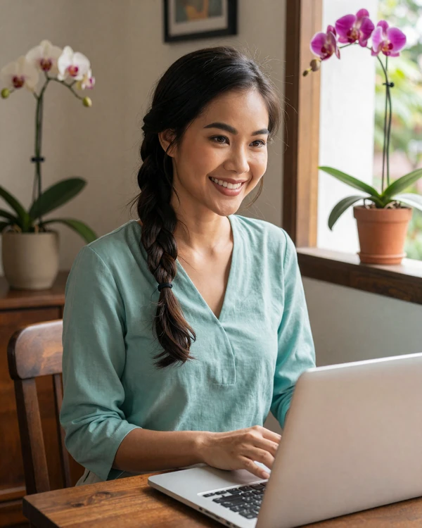 Thai woman using laptop in her modern Bangkok apartment - online dating in Thailand is growing rapidly among educated Thai women