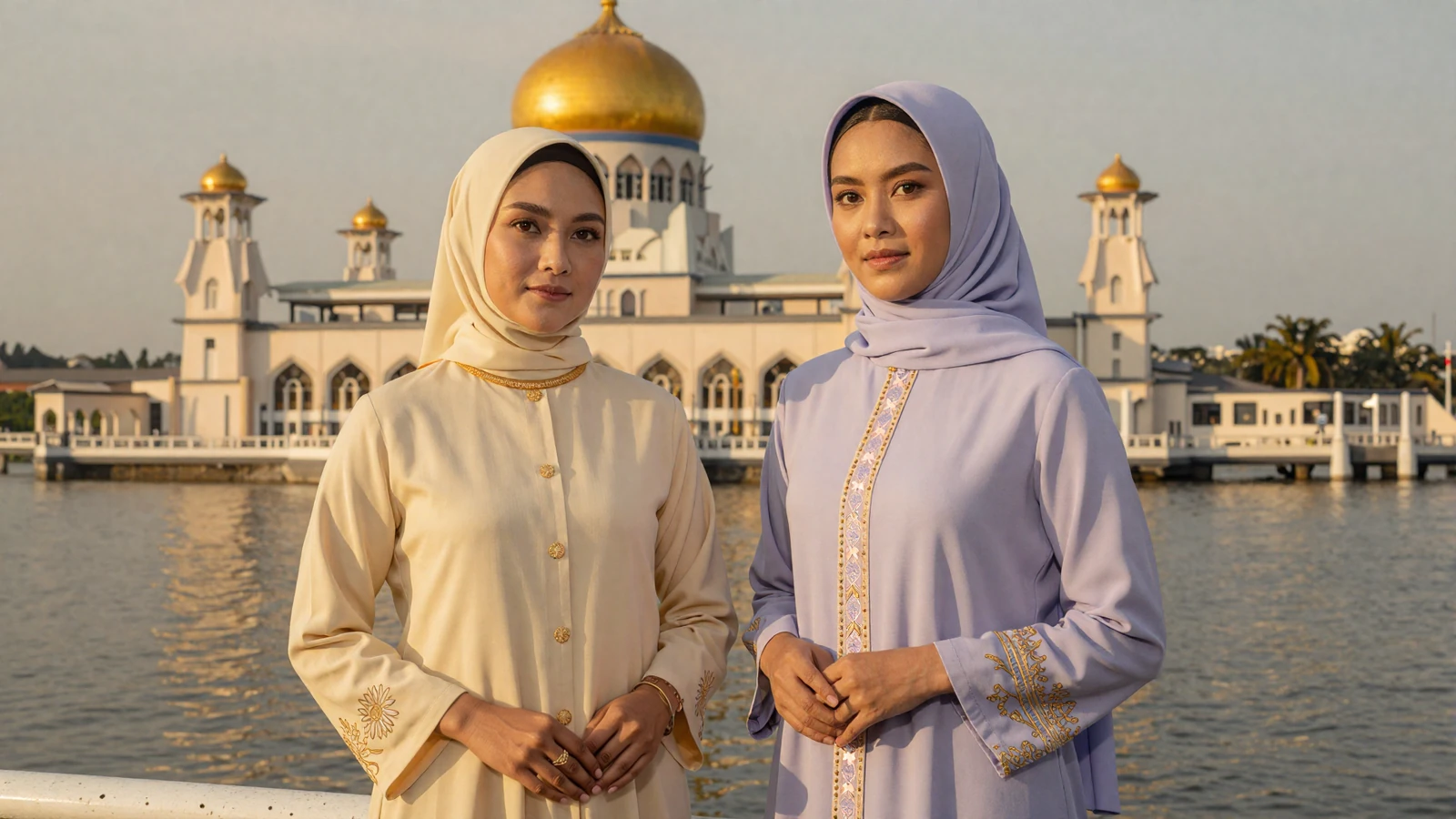 Elegant Bruneian women in modest attire on Bandar Seri Begawan waterfront with golden mosque dome at sunset - meet Bruneian women for serious dating