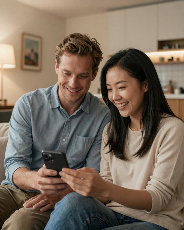 American man and Chinese woman laughing together while using translation app on smartphone - overcoming language barrier in intercultural dating