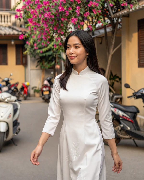 Vietnamese woman wearing a traditional white ao dai walking through Hanoi's Old Quarter - explore Vietnamese dating culture on our platform