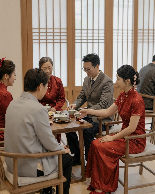 East Asian tea ceremony with bride in red qipao - Chinese and Korean wedding customs