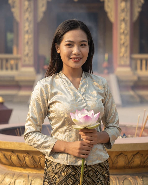 Cambodian woman in traditional silk sampot holding a lotus flower in a serene Buddhist temple courtyard - explore Khmer dating culture on our platform