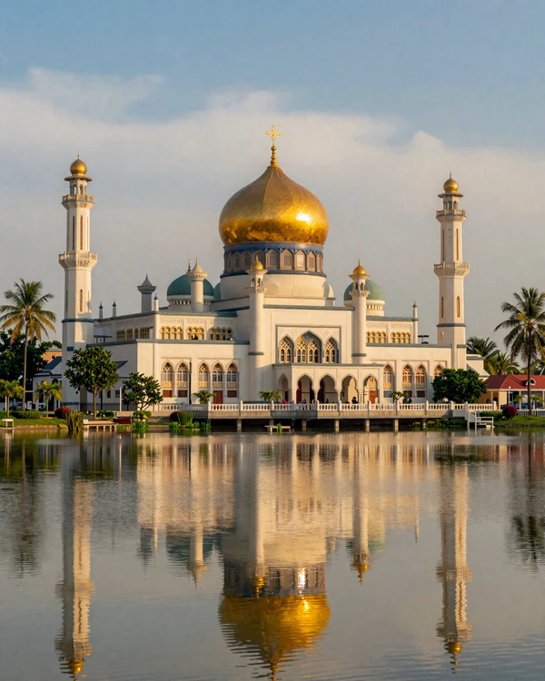 Sultan Omar Ali Saifuddien Mosque golden dome reflected in lagoon at sunset - explore Brunei's rich Islamic heritage and dating culture