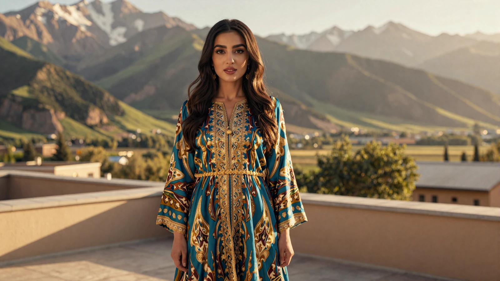 Beautiful Tajik woman in colorful traditional atlas silk dress smiling on a terrace with Pamir mountains behind - meet Tajik women for serious dating online