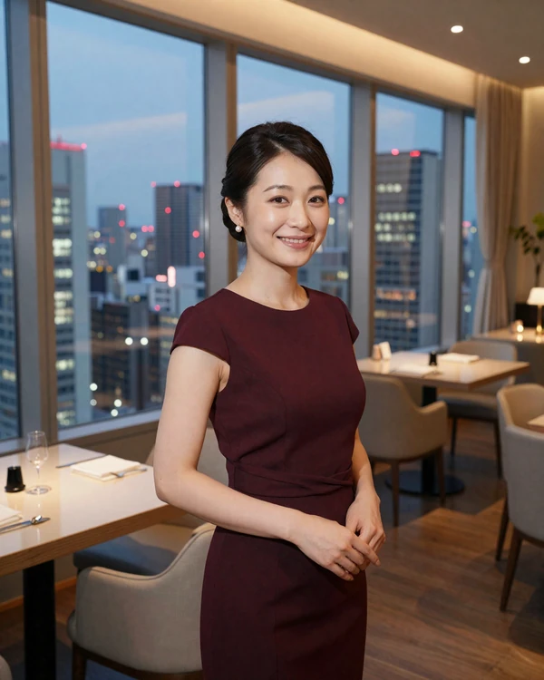 Sophisticated Japanese woman in elegant dress at modern Tokyo restaurant - konkatsu marriage-minded Japanese women seek genuine partners