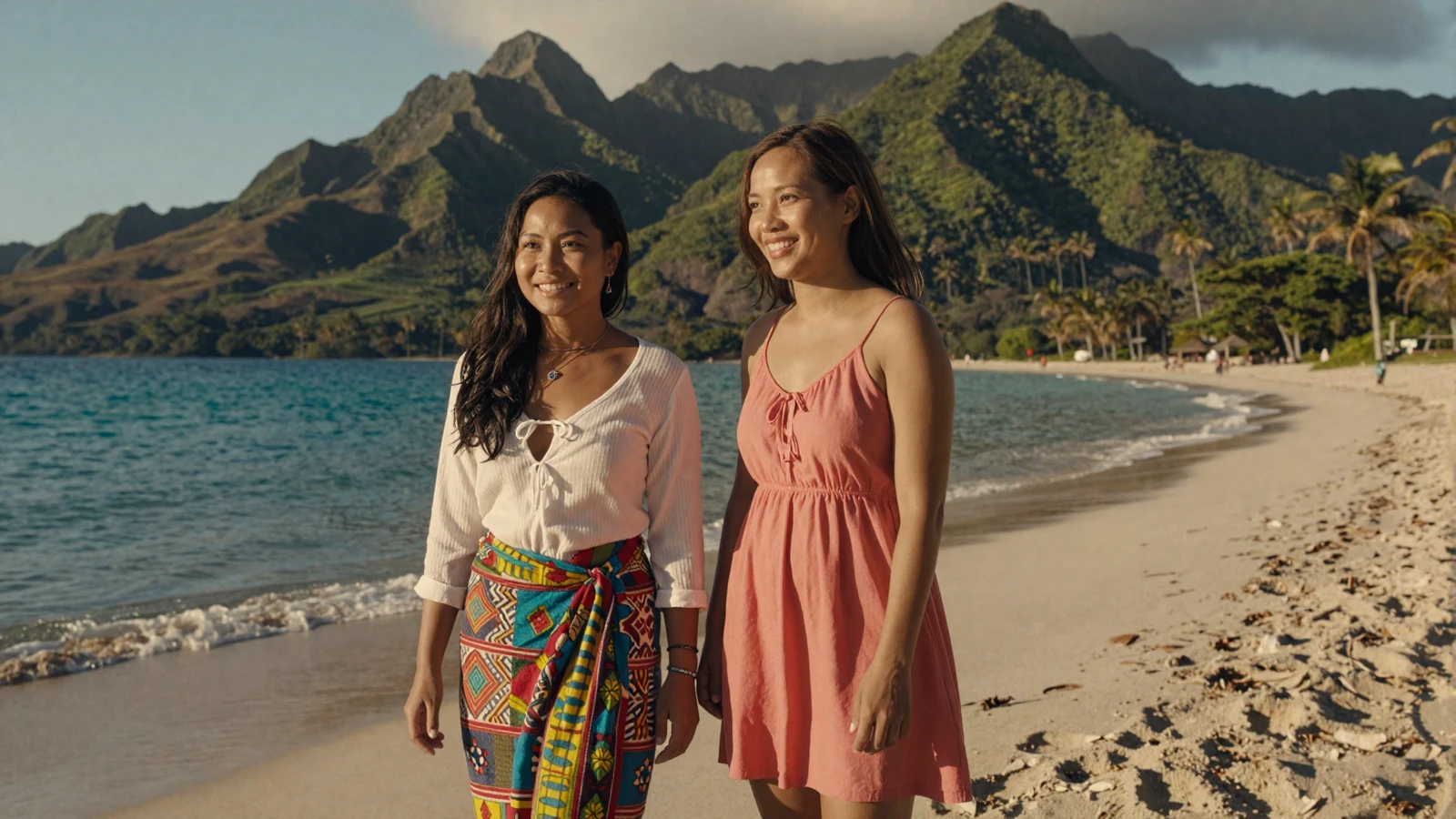 Beautiful Timorese women smiling on a tropical East Timor beach with turquoise waters and lush green hills - meet Timorese singles for serious dating