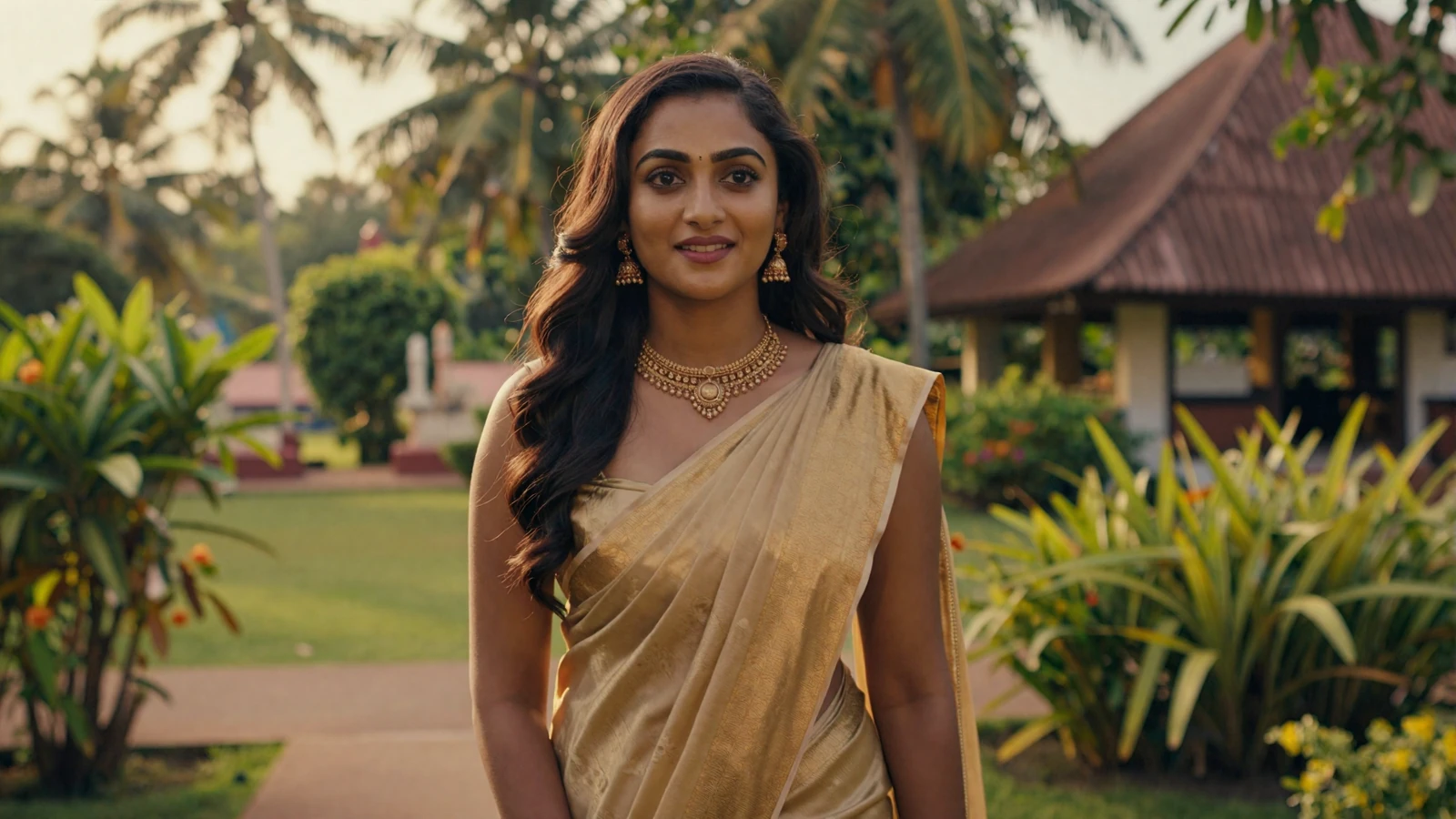 Beautiful Sri Lankan woman in golden saree smiling in a tropical garden near a Buddhist temple - meet Sri Lankan singles online
