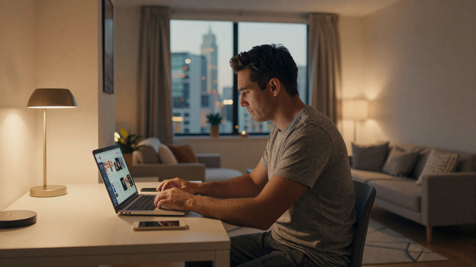 Man reviewing Asian dating sites on laptop in modern home office - best Asian dating platforms 2026