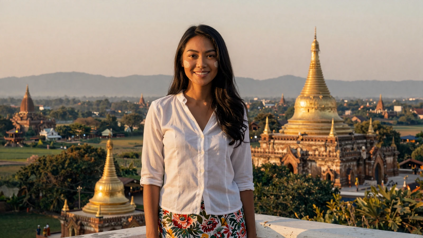 Beautiful Burmese woman with thanaka on her cheeks smiling at sunset overlooking golden pagodas of Bagan Myanmar - meet Burmese women for dating online