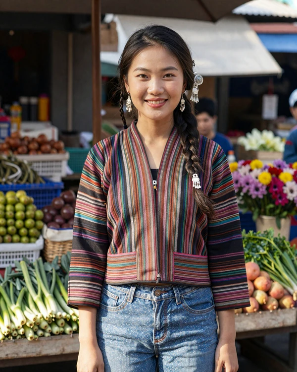 Shan Burmese woman in colorful traditional jacket at a morning market - ethnic diversity in Myanmar enriches the dating experience