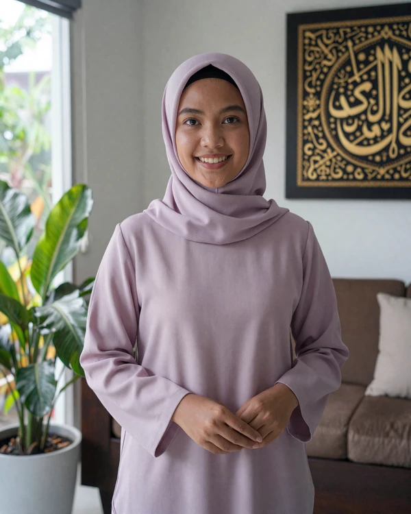 Indonesian Muslim woman in modern hijab and elegant tunic at home - understanding the role of Islam in Indonesian relationships
