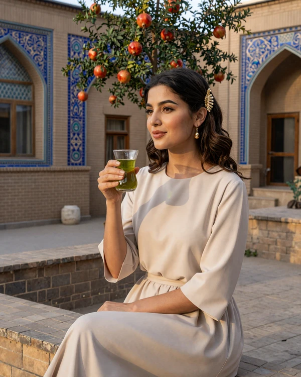 Uzbek woman enjoying traditional green tea in a courtyard with beautiful Islamic tile work - explore Uzbek dating culture on our platform