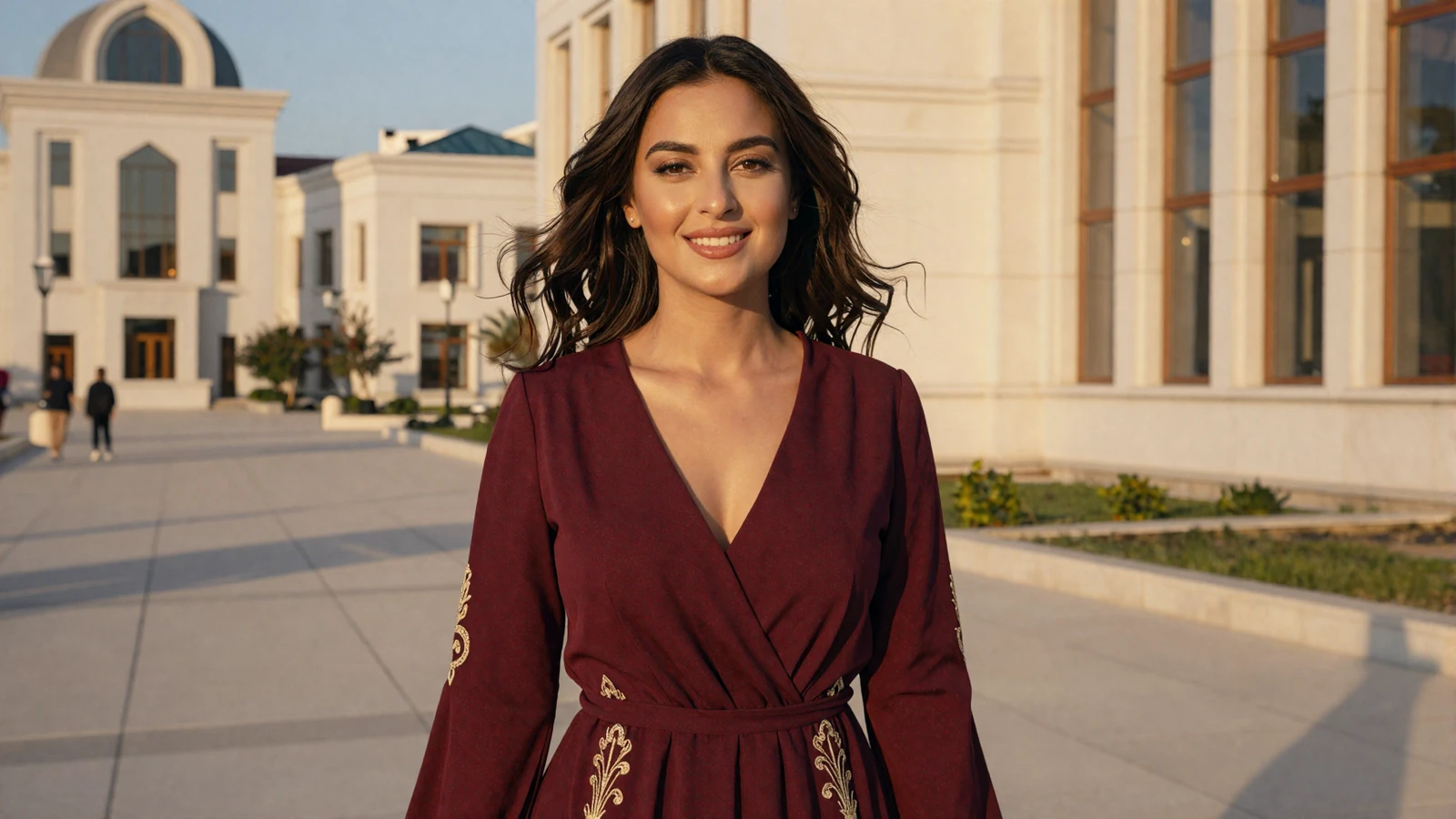 Beautiful Turkmen woman in elegant burgundy dress smiling warmly on an Ashgabat promenade with white marble architecture - meet Turkmen women for dating online