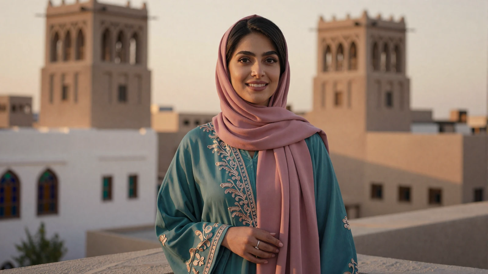 Beautiful Yemeni woman in elegant embroidered dress smiling warmly with traditional Sana'a architecture in the background - meet Yemeni women for serious dating online
