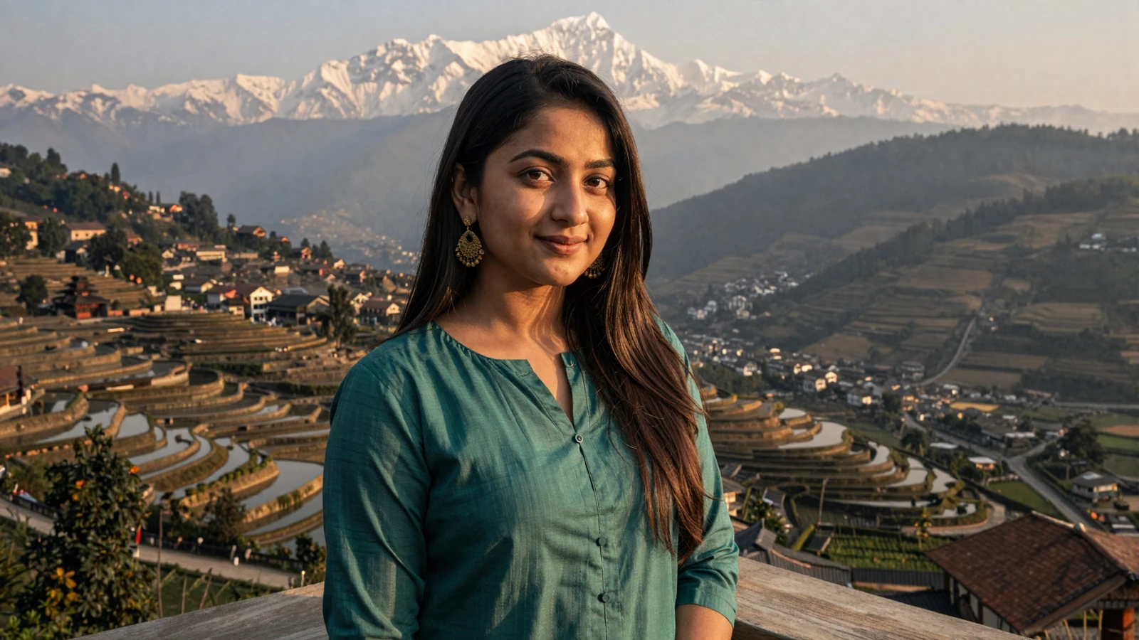 Beautiful Nepali woman in elegant teal kurta smiling on a Kathmandu terrace with Himalayan peaks in the background - meet Nepali singles online