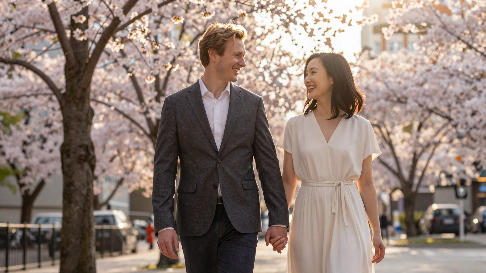Happy interracial couple walking in park - why choose Asian Women Dating platform for genuine connections