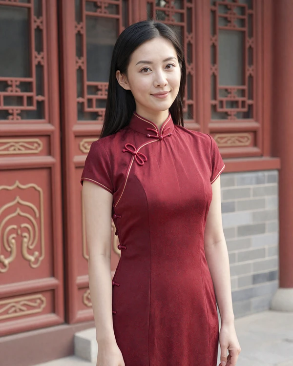Chinese woman wearing modern qipao dress standing in traditional courtyard - explore Chinese dating culture and Confucian values on our platform
